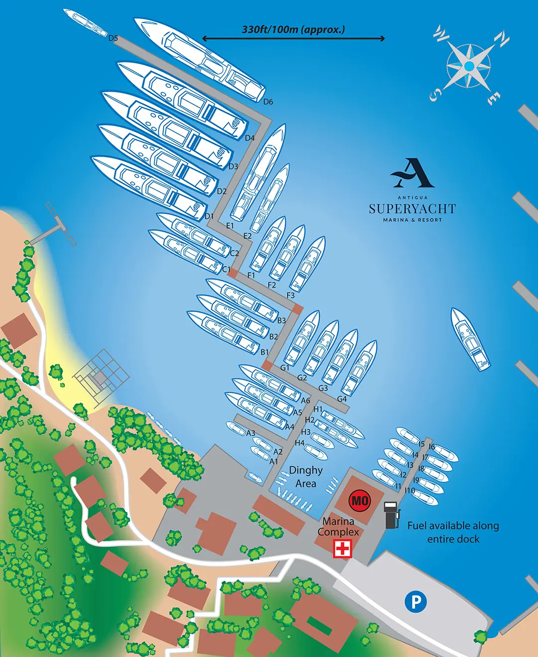 Marina dock layout diagram showing berth locations and marina facilities